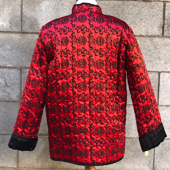 Vintage Womens Red Black Quilted Asian Jacket
